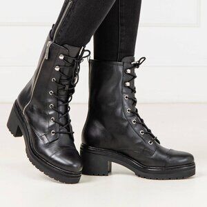 Michael Kors Anaka Black Leather Combat Platform Boots with Chrome MK